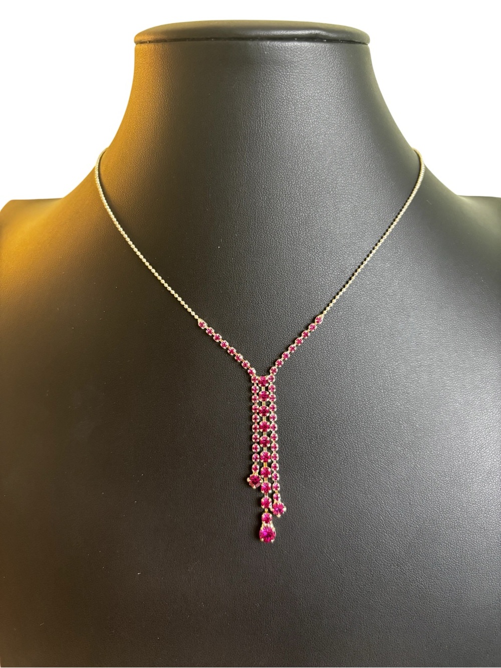 Elegant Silver Tone Multi-Strand Y Necklace w/Cascading Magenta Rhinestones.